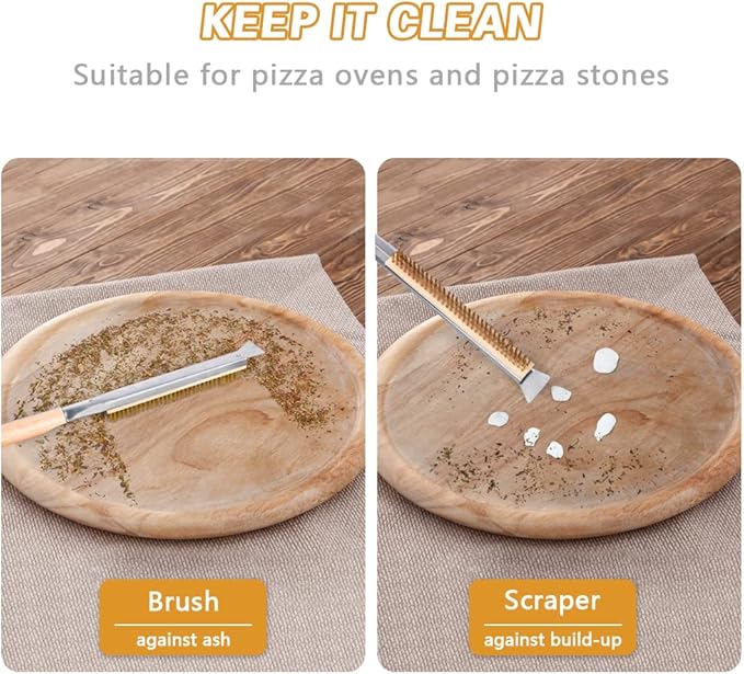 Pizza Oven Brush, 21" Brush and Stainless Steel Scraper for Pizza Stone, BBQ Grill Cleaning Brush Non Scratch Heat Proof Brass Bristles with Screwdriver, Outdoor Pizza Oven Accessories