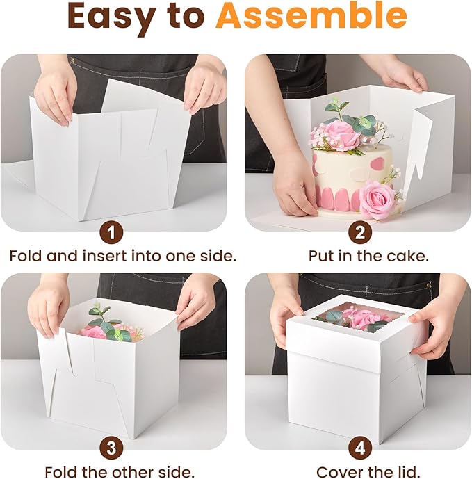 Ocmoiy 4 Sets Cake Boxes, 8 x 8 x 8 Inches White Bakery Boxes with Window Tall Cake Containers for Wedding Birthday Party