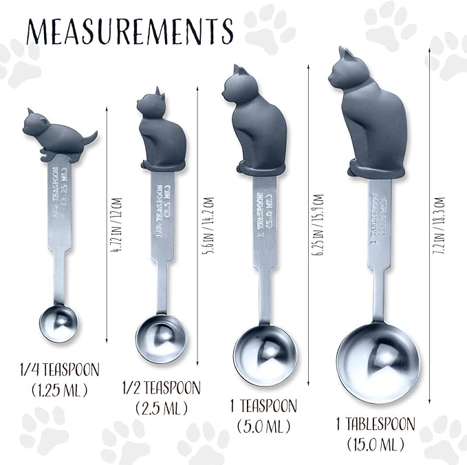 Cat Measuring Spoons Set, 4-Piece Stainless Steel Measuring Spoons with Cute Cat Handles, Accurate Teaspoon & Tablespoon Sizes for Dry or Liquid Ingredients, Dishwasher Safe