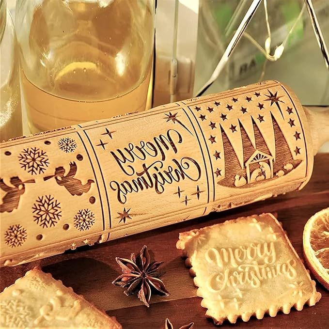 Christmas Wooden Embossing Rolling Pin - Engraved Snowflake Flower Design, Cookie Stamps Roller for Embossed Cookies, Cute Kitchen Decor DIY Baking Tool for Kids and Adults (9 Grilles Jesus)