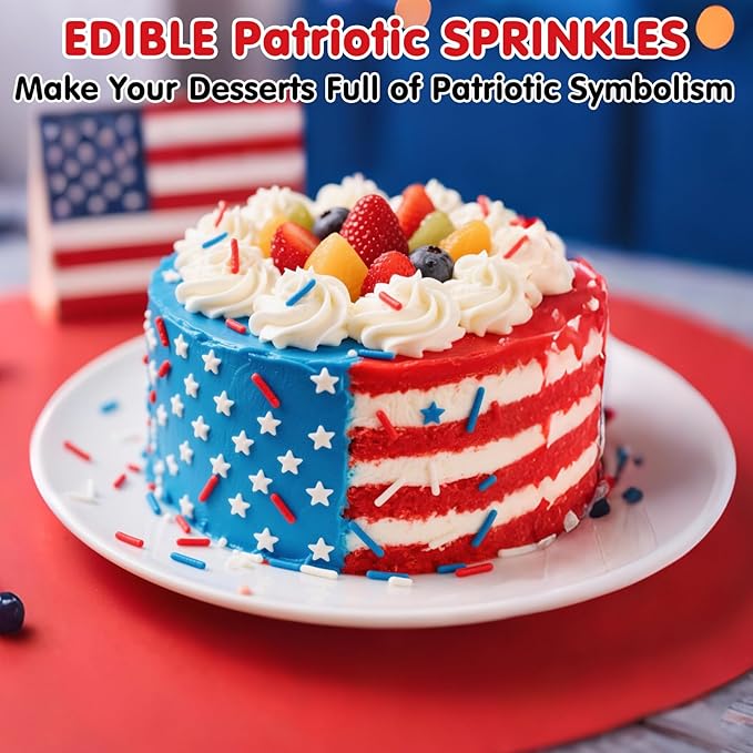 Edible Patriotic Sprinkles for Cake Decorating,Red White and Blue Jimmies Stars Sprinkle Mix, 100g/3.53oz, American Team USA Sprinkles,Baking,Ice Cream,Cookies,Cupcake Topper,Holiday Festival Valentines Christmas Party Decorations
