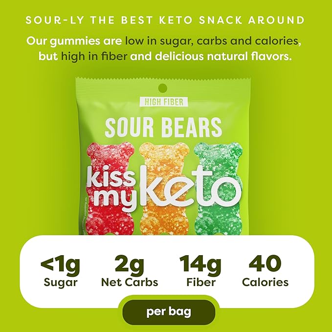 Kiss My Keto Sour Sugar Free Gummy Bears, 32-Pack – Satisfy Cravings while Staying in Ketosis – High Fiber, 6g Net Carbs, Non-GMO, Vegan, & No Gluten – Fruity Sugar Free Gummies