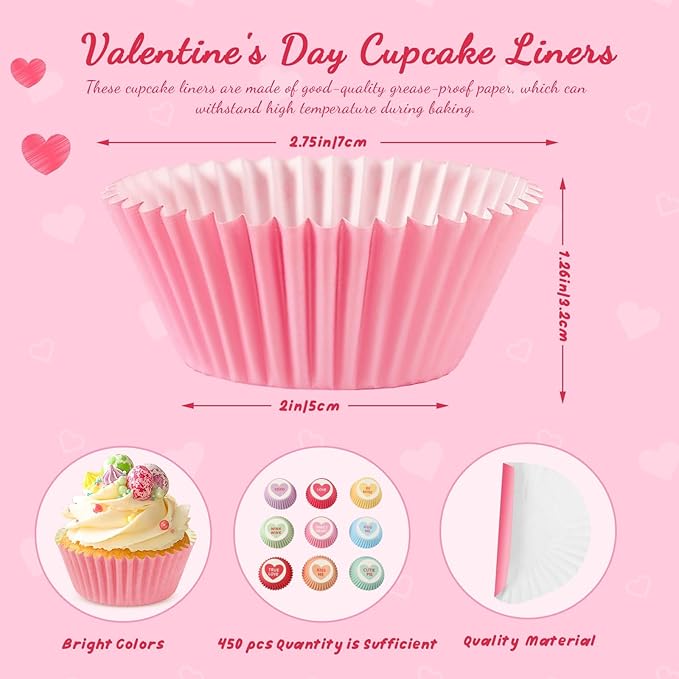 SANNIX 450Pcs Valentine's Day Cupcake Liners, Heart Candy Love XOXO Baking Cups Cupcake Wrappers Paper Wraps Muffin Liners for Valentines Day Wedding Birthday Party Candy Cake Decorations Supplies