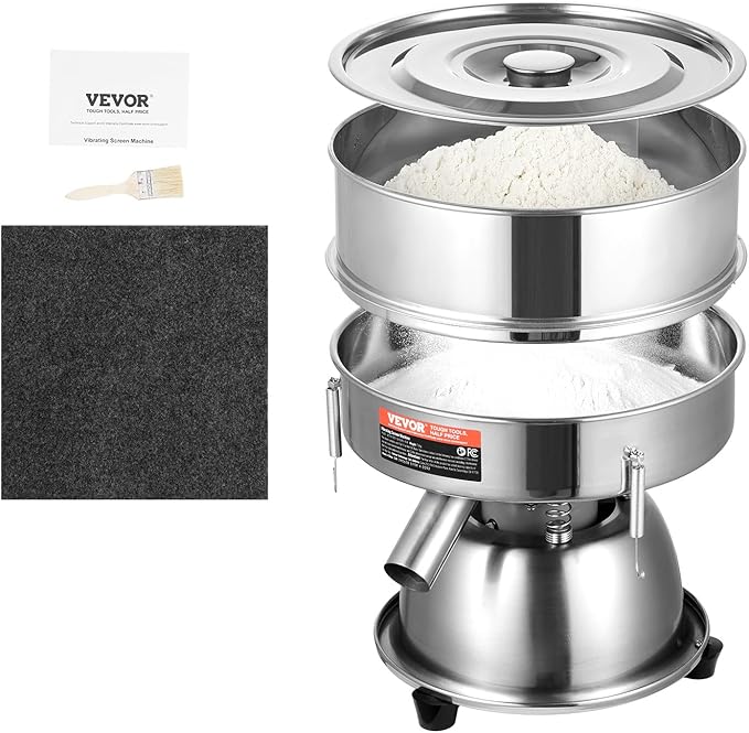 VEVOR Automatic Electric Vibrating Sieve, Stainless Steel Sifter Shaker Machine with 10+60 Mesh, 45W Automatic Powder Sifter Machine Countertop, Electric Sieve Shaker for Flour Powers, Mungbean, Rice