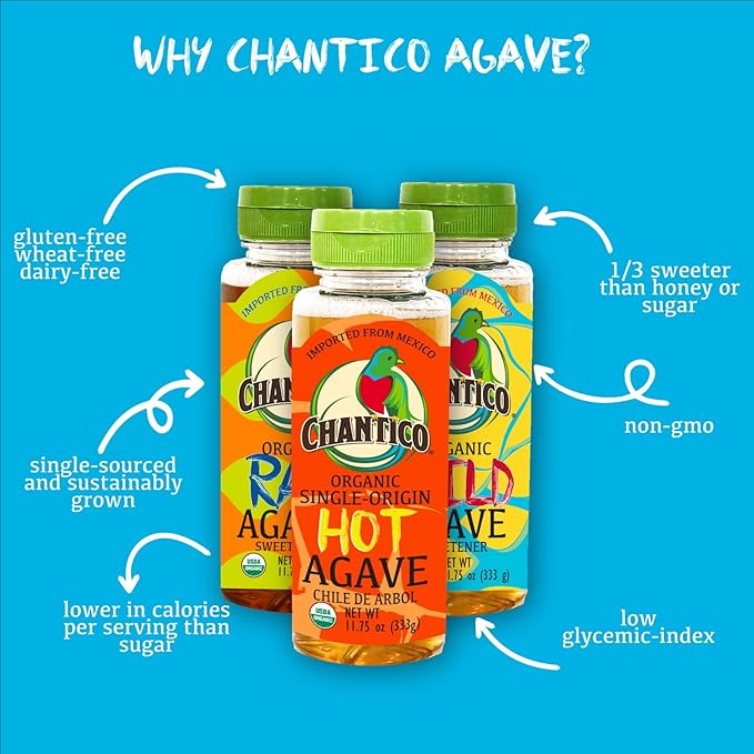 Chantico Agave Organic Sweetener (333g of each, Variety 3 pack, Raw, Wild, Hot), low Glycemic Index, Vegan Sugar substitute, Perfect for use in baking, smoothies, coffee, tea, yogurt