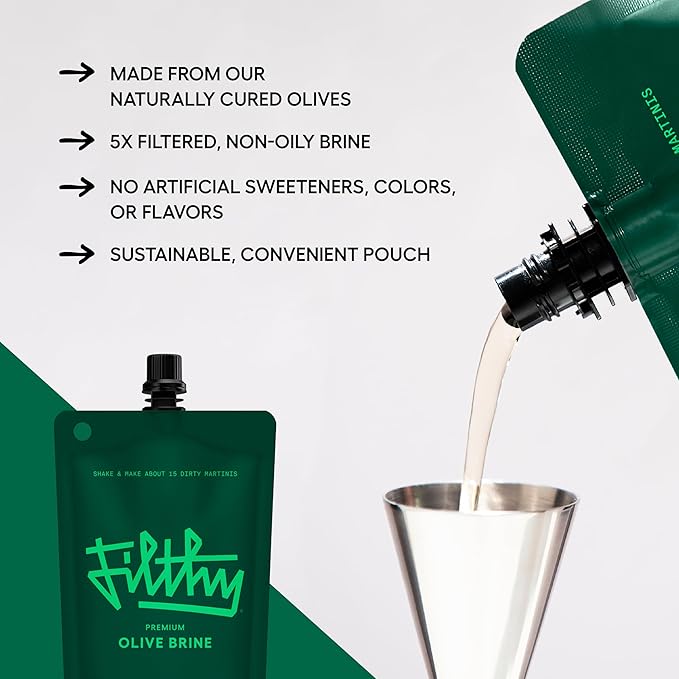 Filthy Olive Brine, Premium Cocktail Mixer, Filtered for Dirty Martinis, Olive Juice for Cocktails Made from Naturally Cured Olives, Non-Alcoholic, Non-GMO, Gluten Free, 8 Oz Pouch, 2 Pack