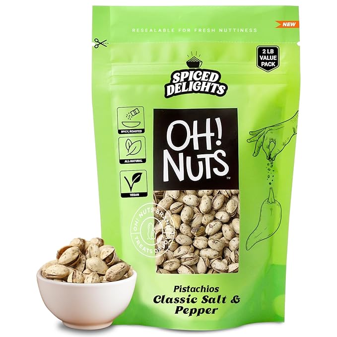 Oh! Nuts Spiced Pistachios – Salt & Pepper, 2 LB – Savory Seasoned Pistachios, Roasted Crunchy Snack – Packed in Reclosable Bag to Maintain Freshness