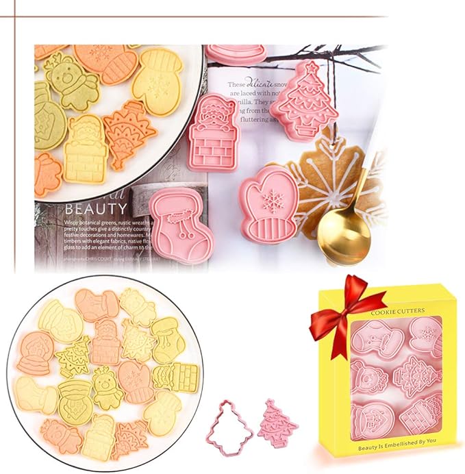 Novel Christmas Cookie Cutters and Stamper, Xmas Tree, Glove, Reindeer, Santa, Sock, House 3D Cookie Cutters Set for Christmas Baking (Pack of 12)