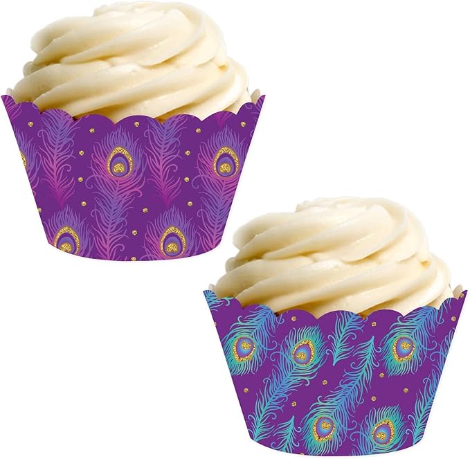 Andaz Press Party Cupcake Wrapper Decorations, Violet Purple and Blue Peacock Feathers, 24-Pack, Theme Colored Bulk Cake Supplies