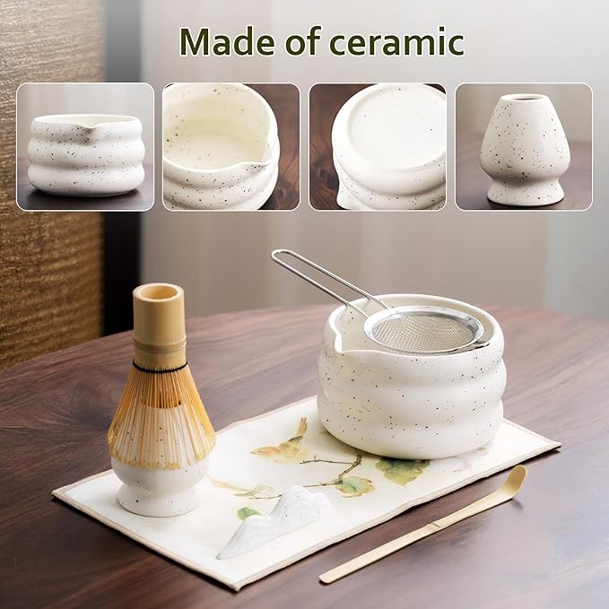 cjc 7-Pcs Matcha Whisk Set, Matcha Set for Beginner-18oz Ceramic Matcha Bowl with Spout, Bamboo Whisk and Holder, Scoop, Sifter ect.– Ceremony Matchas Powder Kit Complete Gift for Matcha Lover (White）