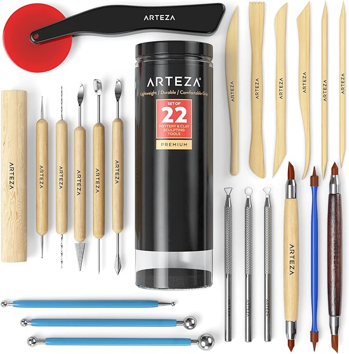 ARTEZA Pottery & Polymer Clay Tools, 22-Piece Sculpting Set with Steel Tips and Wooden Handles, Craft Kit for Pottery Modeling and Carving