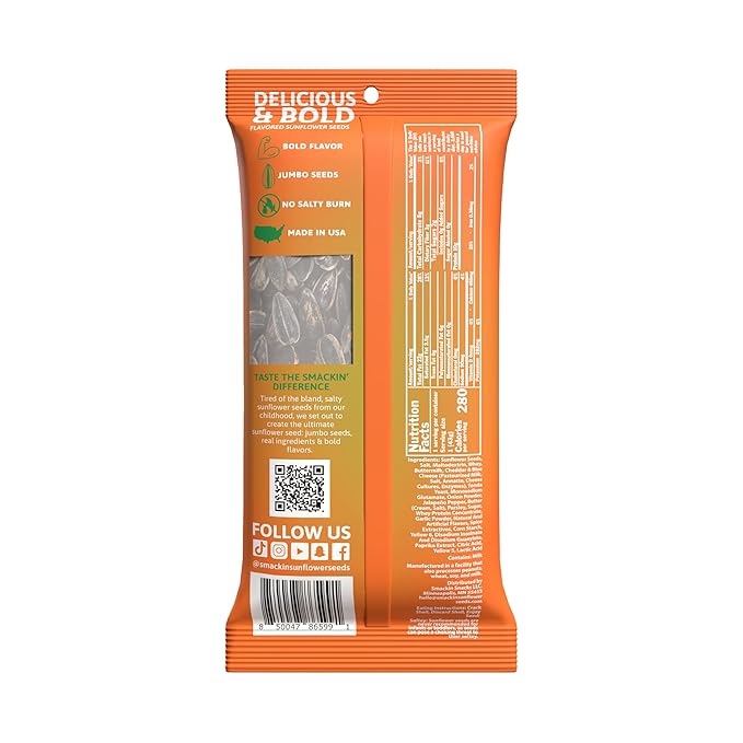 SMACKIN' Sunflower Seeds, Roasted Jumbo Small-Batch, American Made - Cheddar Jalapeño. 1.5oz bags (6 Pack)