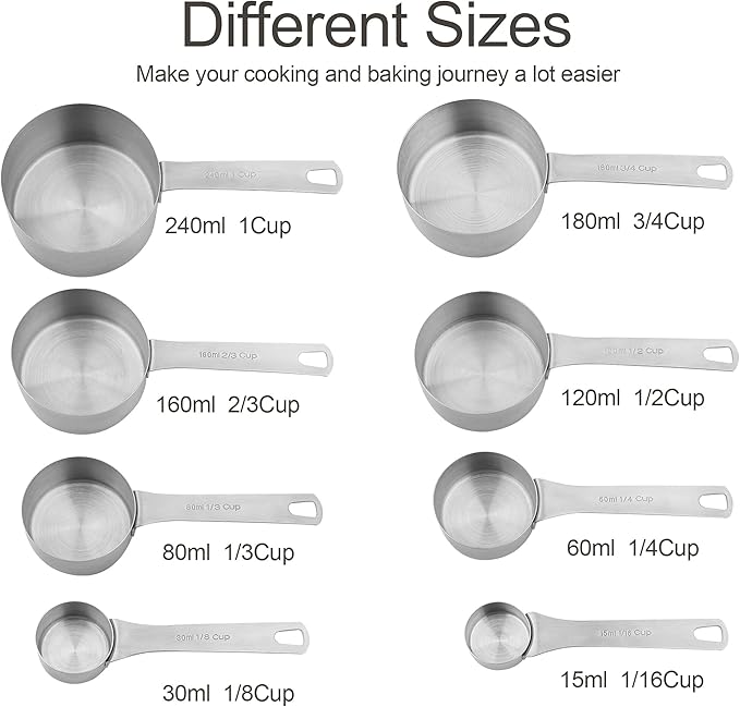 18/8 Stainless Steel Measuring Cups Set, 8 Dry & Liquid Metric & US Measurement Cups for Kitchen & Baking, Heavy Duty Measuring Tools with 1/16,1/8,1/4,1/3,1/2,2/3,3/4 &1 Cup