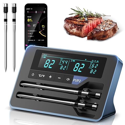 2025 AI Wireless Meat Thermometer, Smart Bluetooth Meat Thermometer Digital, ±0.5°F High Accuracy, Grill Temperature Probe for BBQ, Grilling, Smoker, Oven, Cooking, Air Fryer, 2 Probes