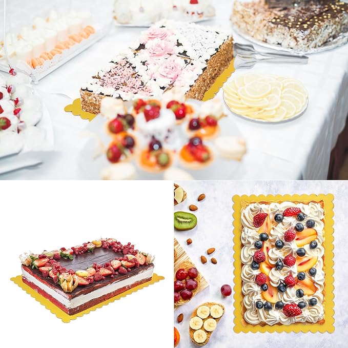 50 Pcs Gold Cake Boards, 14 x 10 Inch Rectangular Cardboard Cake Base, Scalloped Edges, Disposable Paper Cake Board for Elegant Dessert Presentation & Versatile Use