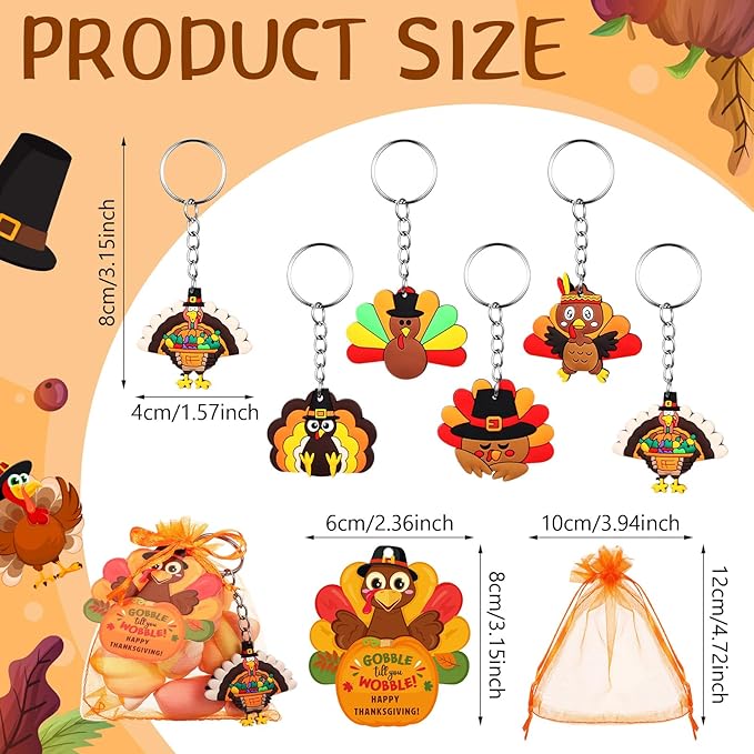 72 Pcs Thanksgiving Gifts for Students 24 Set Friendsgiving Goodie Bags Turkey Keychain Gifts & Organza Bags & Card for Students Key Chain Classroom Reward Gift Party Goodie Bag Stuffers Gift