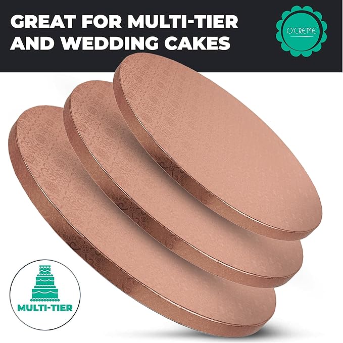 O’Creme Cake Board, Rose Gold Foil Round Cake Circles with Gorgeous Design, Sturdy & Durable 1/2” Thick Cake Drums, Round Cake Boards with 16” Diameter, Pack of 5 Disposable Cake Drums