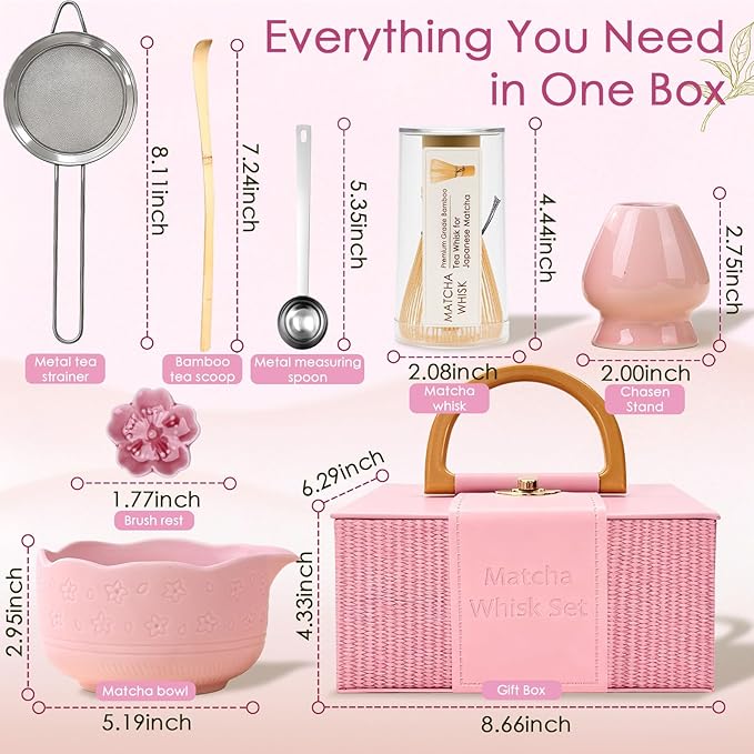 8Pcs Matcha Whisk Set, Matcha Set Includes Ceramic Matcha Bowl, Whisk and Holder, Bamboo Scoop, Scoop Rest, Sifter, Measuring Spoons and Tea Towel Tea Kit Gift Set for Women (Pink)