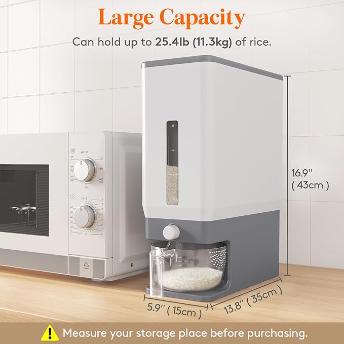 Lifewit Rice Dispenser 25 Lbs(11.3kg), Rice Storage Container Sealed Moisture Proof with Measuring Cup for Kitchen Pantry Household, BPA-Free, 1 Pack