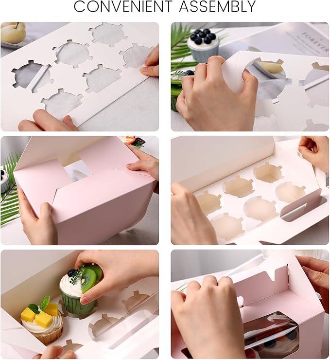VGOODALL 6 Count Cupcake Boxes,8 Sets Pink Cupcake Containers with Window for Weeding Birthday Holiday Bakery Supplies Party Decorations 9.3" x 6" x 3.5"