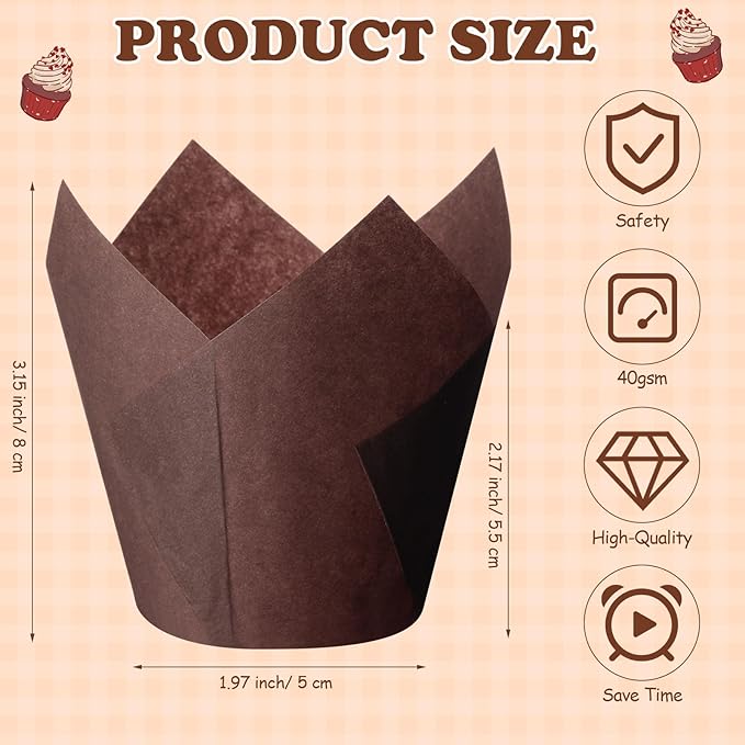 600 Pcs Tulip Cupcake Liners for Baking Muffin Liners Printed Baking Cups Holders Greaseproof Wrappers Decoration for Cupcake Bouquet Birthday Party Wedding Bride Shower (Brown)