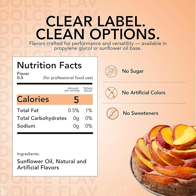 Dolce Flav Peach Extract – 1 Gallon Oil-Soluble Kosher, Sugar-Free, Concentrated Juicy Peach Flavoring for Baking, Chocolates & Desserts
