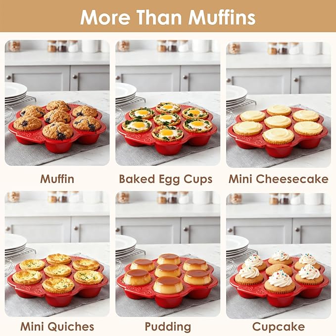 Youeon 2 Pack Red Ceramic Muffin Pans, 7 Cup Nonstick Cupcake Baking Pans with Floral Handles, Oven & Dishwasher Safe Muffin Tins for Muffins, Cupcakes, Mini Cheesecakes, Holiday Baking Gift