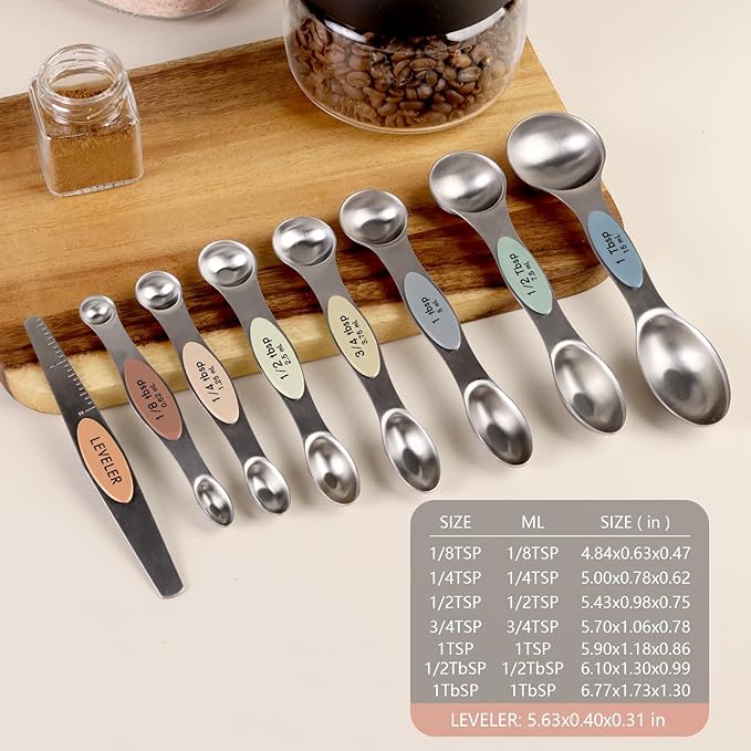 Pack of 8 Stainless Steel Magnetic Measuring Spoons Set, Dual Sided, Stackable, Adjustable Teaspoon and Tablespoon Measure Spoon with Leveler, Kitchen Gadgets