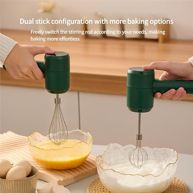 Wireless Handheld Mixer with 3-Speed Settings | Portable Electric Egg Beater for Kitchen, Baking & Outdoor Use, Emerald Green