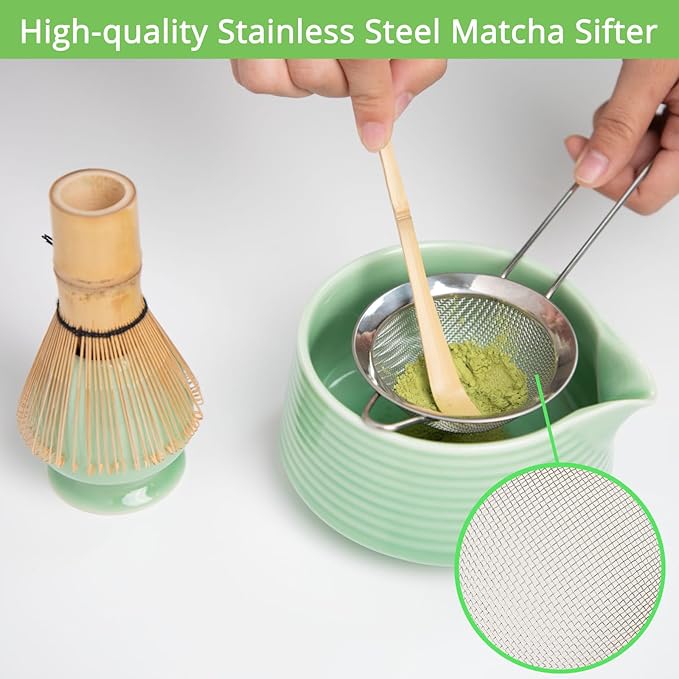 Matcha Whisk Set, Green Matcha Kit with Bowl, Whisk, Bamboo Scoop, Scoop Rest, Sifter - 5 Pcs Kit for Lover