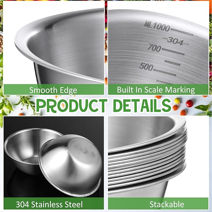 Honeydak 6 Pcs 304 Stainless Steel Mixing Bowls with Graduations, Salad Bowls Metal Serving Reusable Baking Food Storage Containers for Baking Cooking Salads Soups Ice Cream Noodles (54 oz)