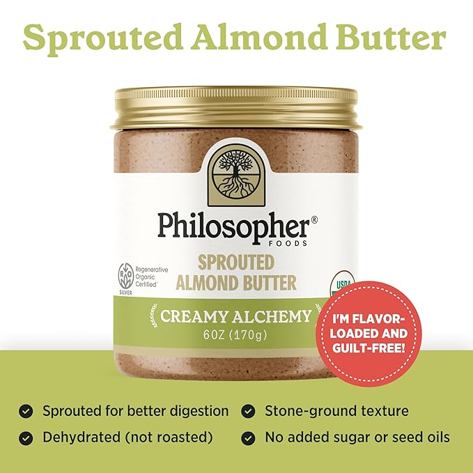 Philosopher Foods - Organic Creamy Alchemy Sprouted Almond Butter - 6 oz - Stone Ground Regenerative Organic Crunchy Almond Nut Butter No Sugar Added