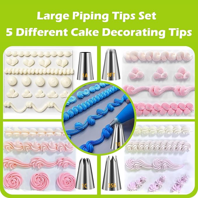 Suuker Large Piping Tips Set, Stainless Steel Cake Decorating Tips, 5 Pieces Frosting Icing Tips for Cake Decorating, Cupcakes, Cookie (1A 1E 1C 9FT 356)