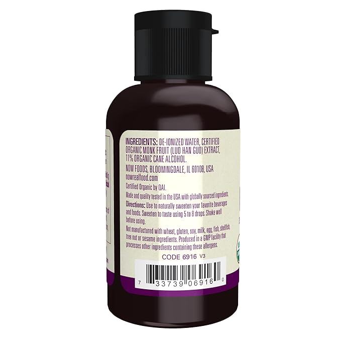 NOW Foods, Certified Organic Monk Fruit Liquid, Zero-Calorie Liquid Sweetener, Non-GMO, Low Glycemic Impact, 2-Ounce