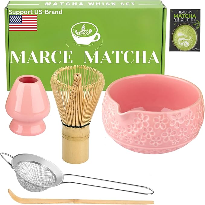 Matcha Whisk Set- Matcha Set includes Matcha Whisk and Bowl with Spout, Sifter, Holder and Scoop- The Perfect Bamboo Whisk for Matcha Tea (Pink Flowers)