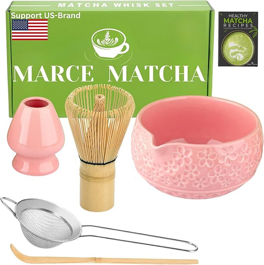 Matcha Whisk Set- Matcha Set includes Matcha Whisk and Bowl with Spout, Sifter, Holder and Scoop- The Perfect Bamboo Whisk for Matcha Tea (Pink Flowers)