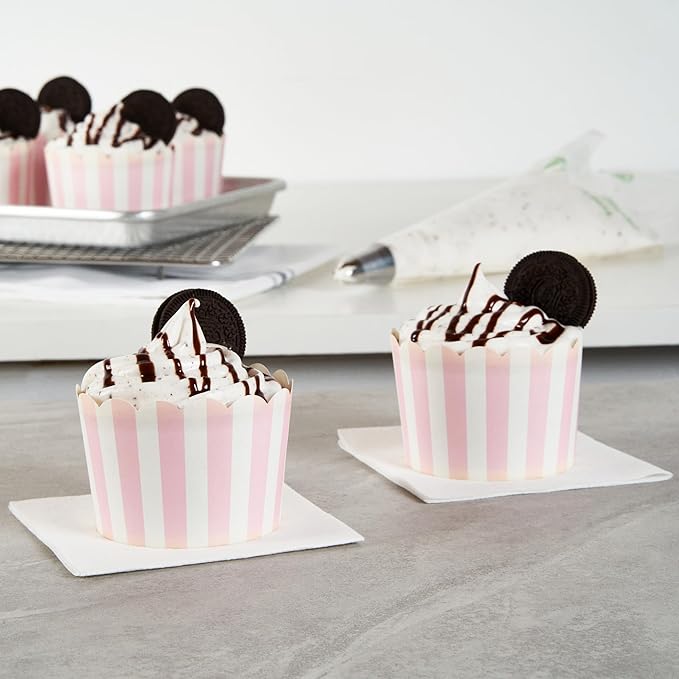 Panificio 10 Ounce Cupcake Wrappers, 200 Scalloped Baking Cups - Oven-Ready, Greaseproof, Pink Striped Paper Cupcake Liners, Disposable, For Birthdays, Baby Showers, Or Weddings - Restaurantware