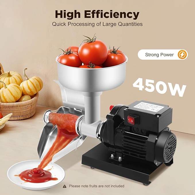 450W Electric Strainer, Stainless Steel Mill Machine with Funnel and Trough, 198.42-352.74lbs/H Tomato Press and Sauce Maker Food Mill for Sauce Silver+Black 110V
