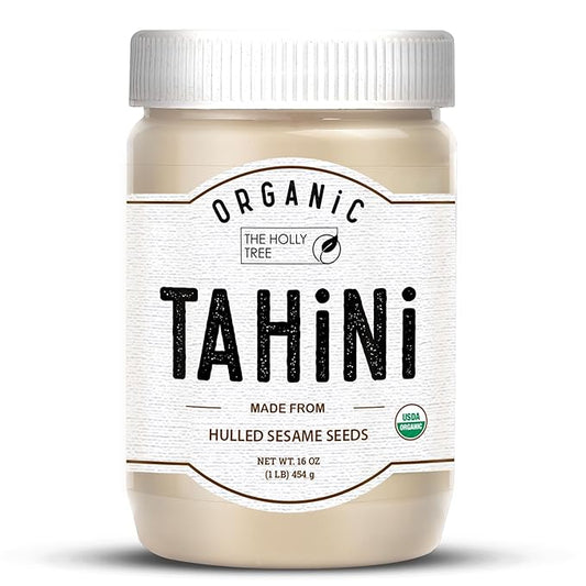 Organic Tahini Paste 16 oz (1lb) - Smooth Tahini Organic from Hulled Sesame Seeds - USDA Certified, Kosher, Gluten Free - Creamy Tahini Sauce & Sesame Paste for Cooking - The Holly Tree