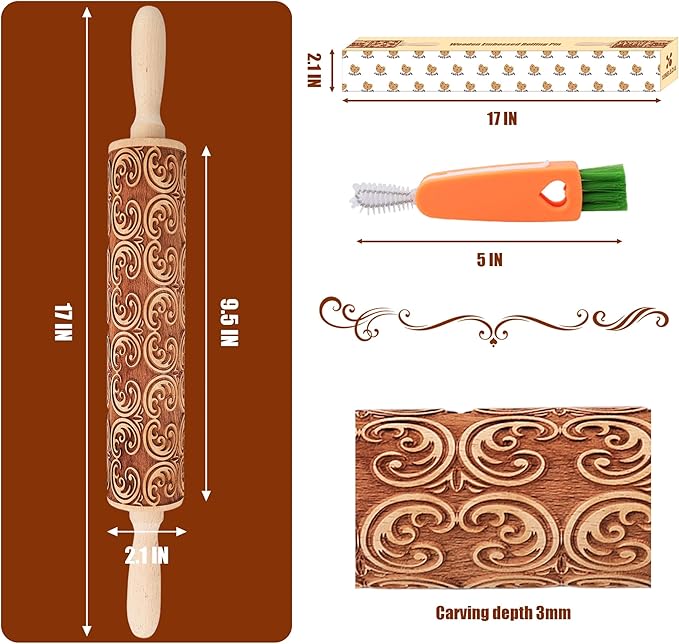 17" Premium Wooden Rolling Pins for Baking with European Embossed Designs | 3mm Deep Springerle Cookie Molds | Christmas Rolling Pin & Baking Gifts for Women | Includes 3-in-1 Cleaning Brush