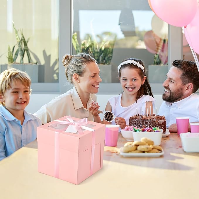 24Pcs 8x8x8 Inch Cake Boxes, 12pcs Pink Bakery Boxes with Window (12pcs Cake Boards), Square Cake Carrier Container Disposable Pie Boxes Package for Bake Decorating Supplies