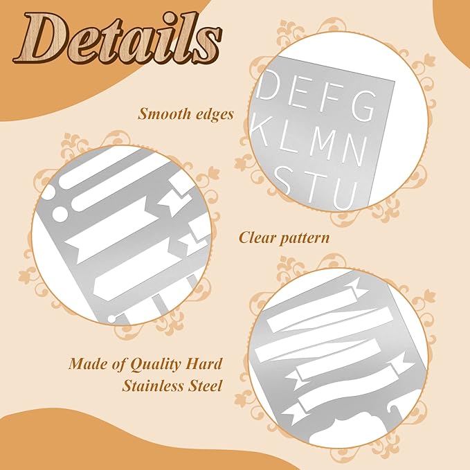 Lewtemi 8 Pcs 4 x 7 Inch Metal Letter Number Stencils Stainless Steel Metal Alphabet Stencils for Engraving Painting Journaling Bookmark Flower Vines DIY(Classic Style)