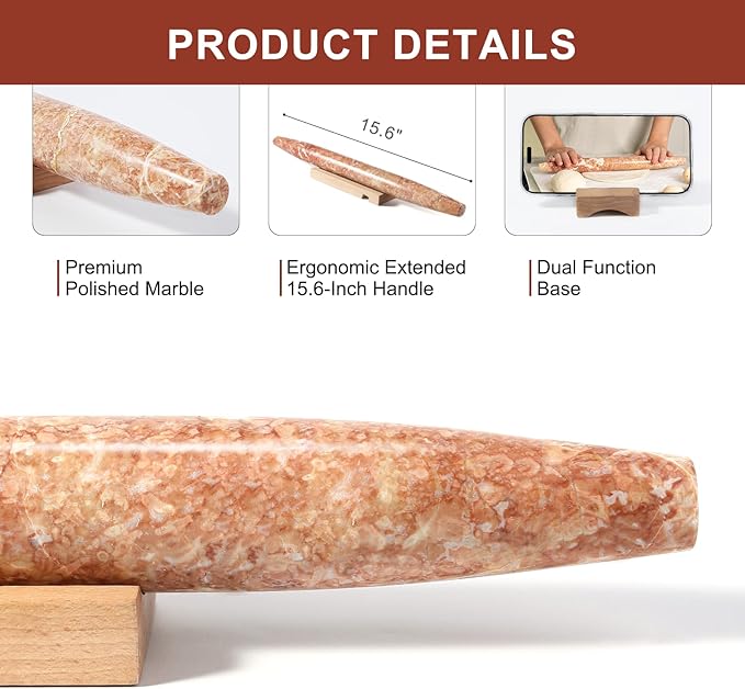 Marble French Rolling Pin, Non-Stick Polished Dough Roller, Pasta, Dumpling, 15 inch Kitchen Baking Tool for Baking with Wooden Resting Base