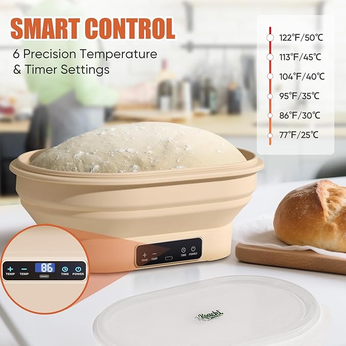 Upgraded Silicone Sourdough Starter Warmer Bowl, Sourdough Starter Kit with Precise 6 level Thermostat Control (77-122°F), Auto Warming On/Off, 6-Hour Timer Sourdough Bread Baking Supplies