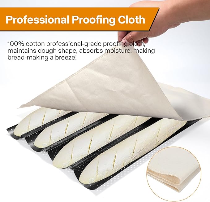 4-Slot French Baguette Pan Set, Non-Stick French Bread Pan, Baguette Baking Pan with Proofing Cloth, Bread Lame, Home Baking Tools Kit for Homemade Bread