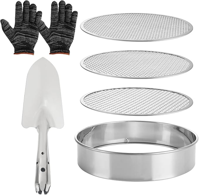 Soil Sifter for Gardening Stainless Steel Soil Sifting Pan Round Sifter for Rocks with 3,6,9mm Sieve Mesh Garden Shovel and Gloves Set Garden Sieve Soils Sifter for Small Gravel, Soil, Sand