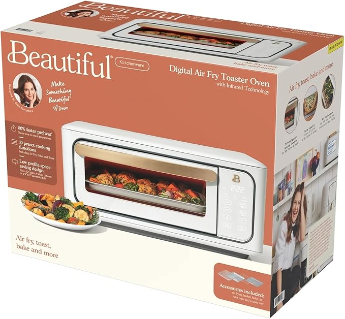 Beautiful Infrared Air Fryer Toaster Oven Kit – Special Edition Multi‑Function Countertop Oven with 10 Presets, Fast Heating & Accessories by Drew Barrymore (White)