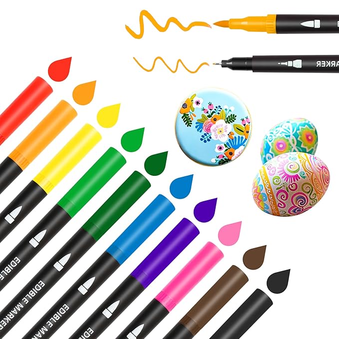Edible Markers – 10Pcs Double-Sided Food Coloring Pens with Fine & Thick Tips for Cookie Decorating, Fondant, Desserts & Easter Eggs
