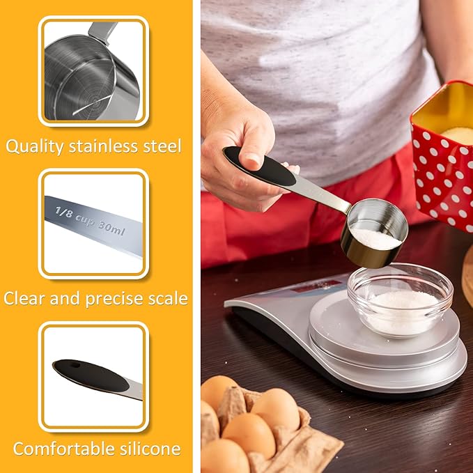 2PCS 1/8Cup (30ml, 1oz) Single Measuring Cup with Black Silicone Grip, Stainless Steel Individual Measure Scoop Only