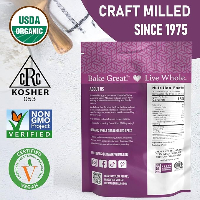 Great River Milling Organic Hulled Spelt Berries | Ancient Whole Spelt Grain | High Fiber & Protein | Non-GMO & Kosher | Ideal for Baking, Salads, Pilaf & More | 5 Lb
